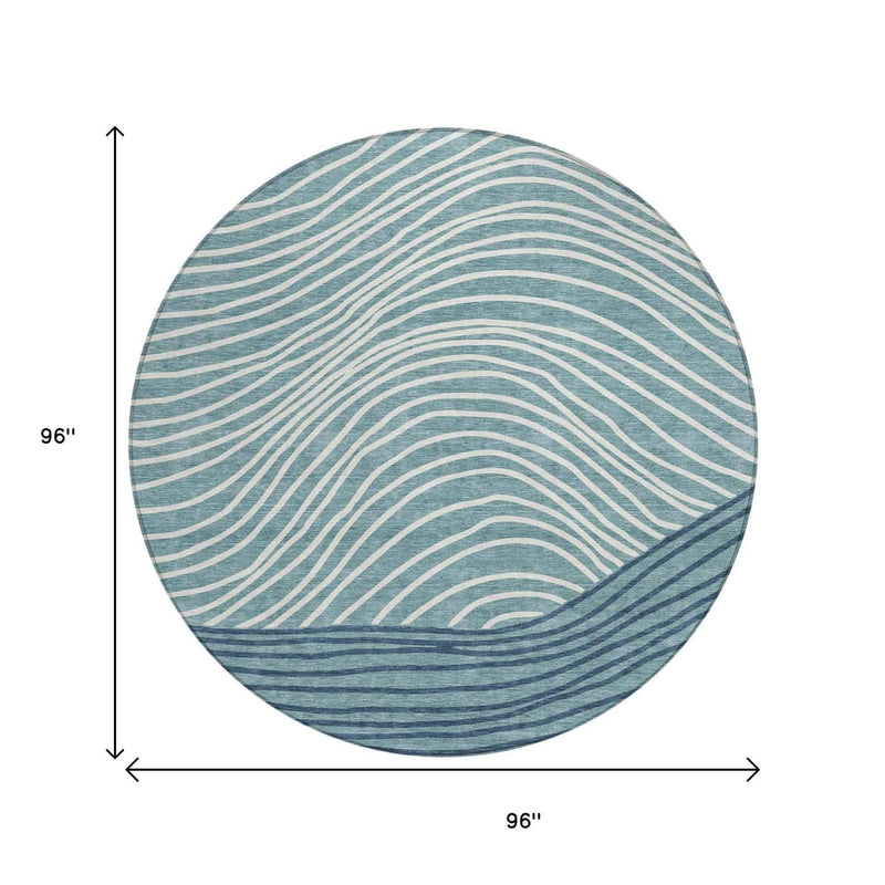8' Teal Blue And Ivory Round Striped Washable Indoor Outdoor Area Rug