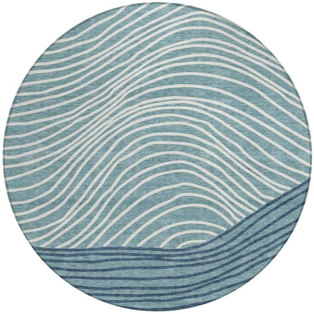 8' Teal Blue And Ivory Round Striped Washable Indoor Outdoor Area Rug