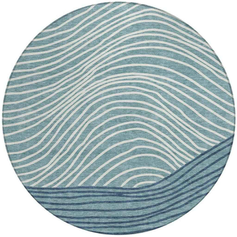 8' Teal Blue And Ivory Round Striped Washable Indoor Outdoor Area Rug