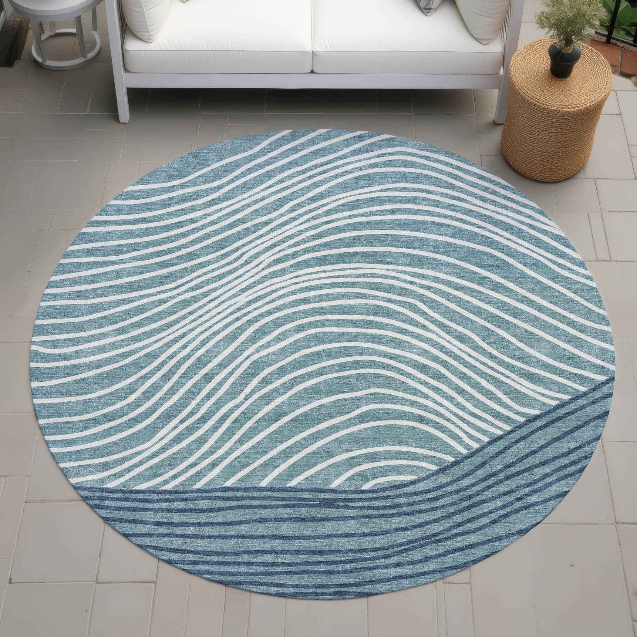 8' Teal Blue And Ivory Round Striped Washable Indoor Outdoor Area Rug