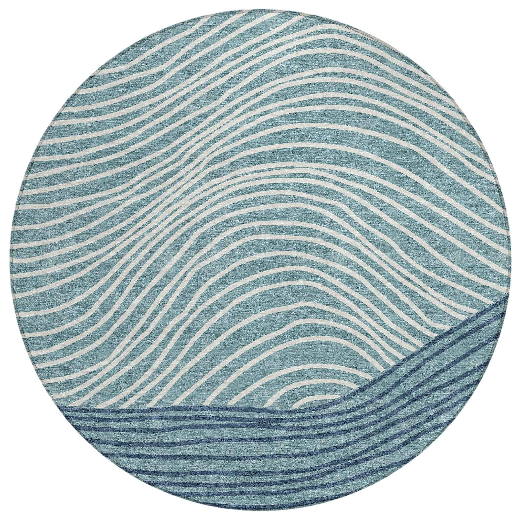8' Teal Blue And Ivory Round Striped Washable Indoor Outdoor Area Rug