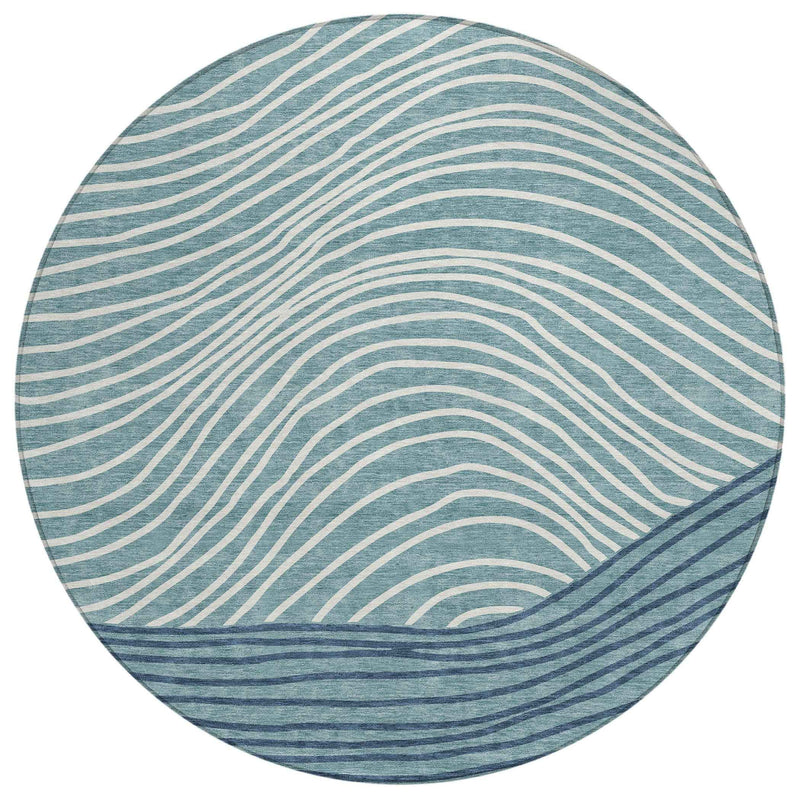 8' Teal Blue And Ivory Round Striped Washable Indoor Outdoor Area Rug