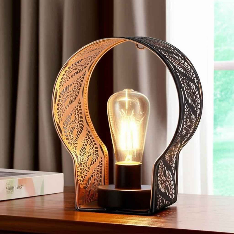 7" Black Battery Operated Round Bedside Lamp With Pierced Shade