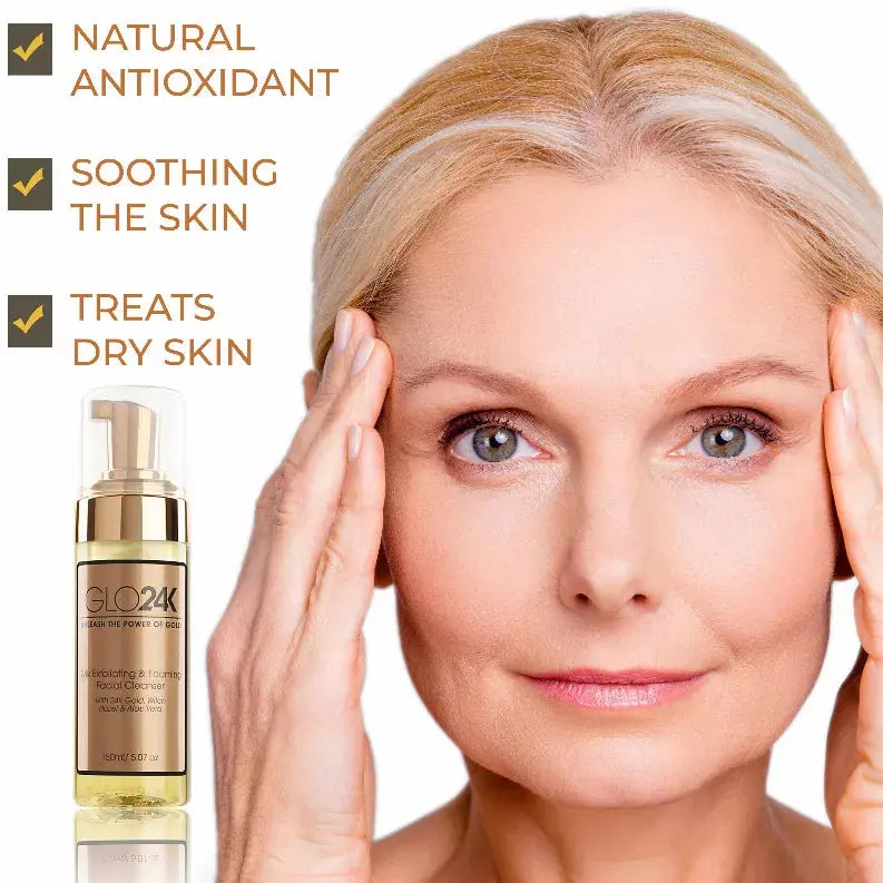 24K Exfoliating & Foaming Facial Cleanser with 24k Gold, Witch Hazel and Aloe Vera GLO24K