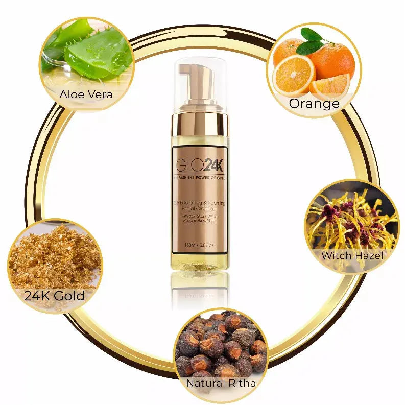 24K Exfoliating & Foaming Facial Cleanser with 24k Gold, Witch Hazel and Aloe Vera GLO24K