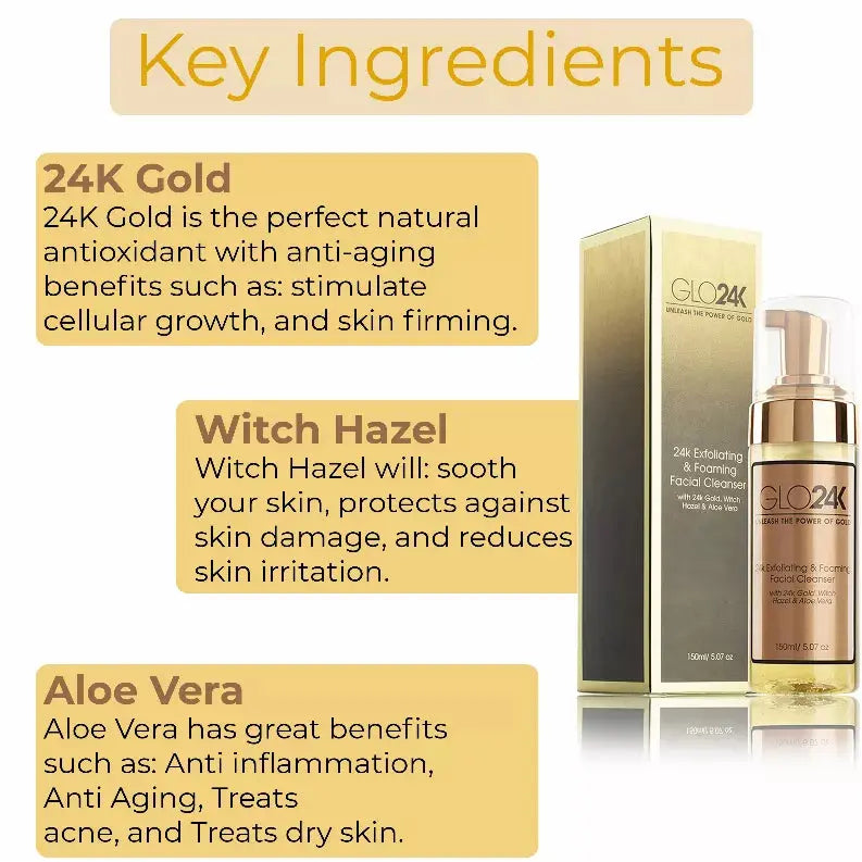 24K Exfoliating & Foaming Facial Cleanser with 24k Gold, Witch Hazel and Aloe Vera GLO24K