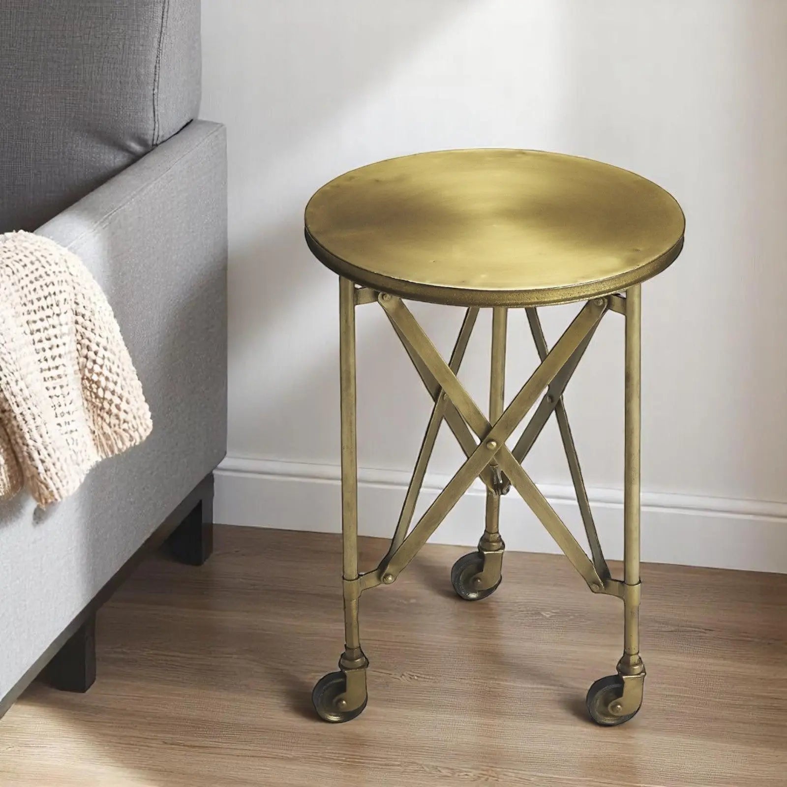 24" Antiqued Gold Iron Round Rolling End Table Homeroots Living Room