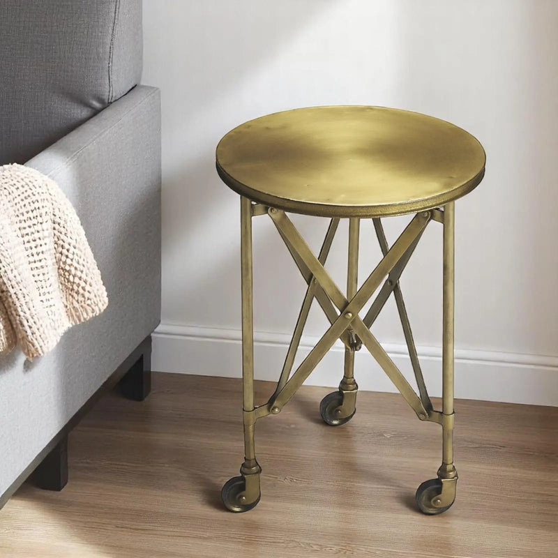 24" Antiqued Gold Iron Round Rolling End Table Homeroots Living Room