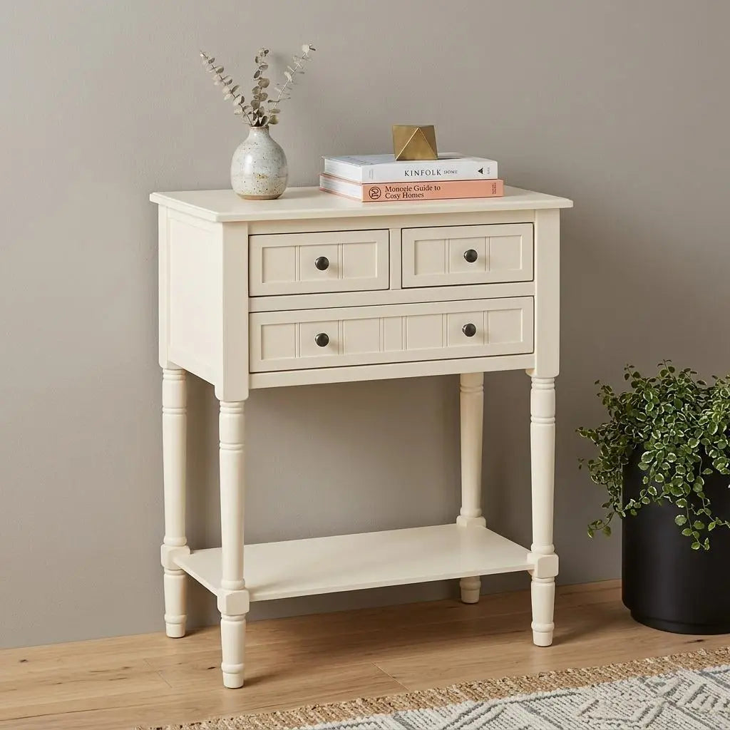 24" Beige Solid Wood Distressed Console Table With Shelf And Three Drawers Homeroots Living Room