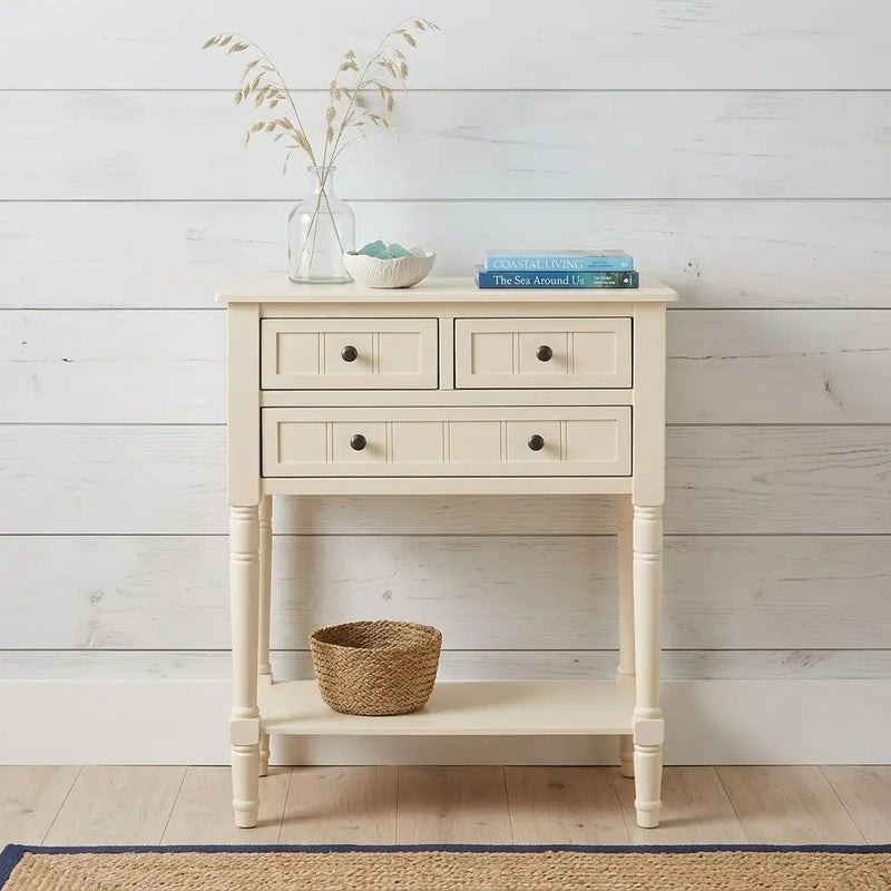 24" Beige Solid Wood Distressed Console Table With Shelf And Three Drawers Homeroots Living Room