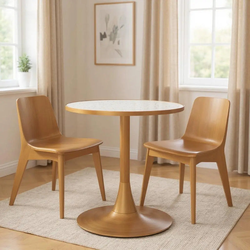 24" Beige and Gold Wood and Steel Pedestal Base Round Top Dining Table Homeroots Kitchen & Dining