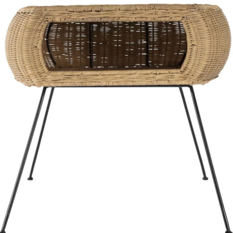 24" Black And Brown Distressed Rattan And Iron Round End Table With Shelf Homeroots Living Room