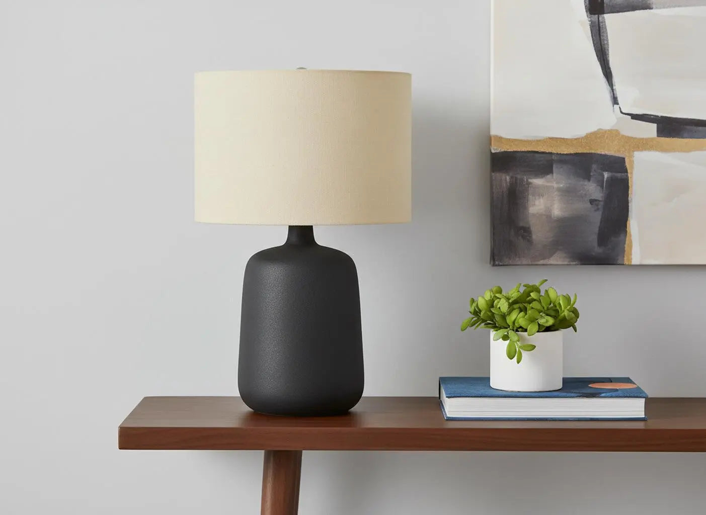 24" Black Ceramic Round Table Lamp With Beige Drum Shade Homeroots Lighting