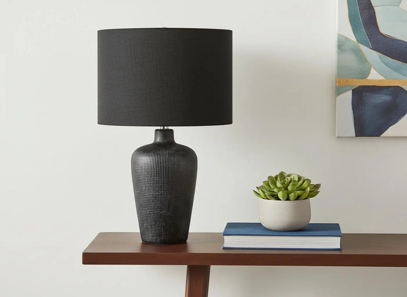 24" Black Ceramic Round Table Lamp With Black Drum Shade Homeroots Lighting