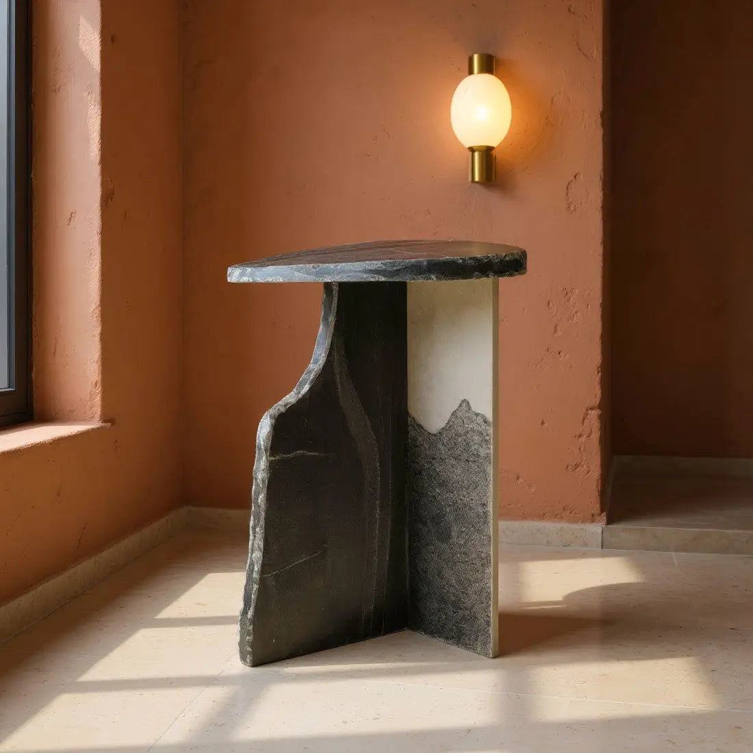 24" Black Marble and Iron Free Form Pedestal End Table Homeroots Living Room
