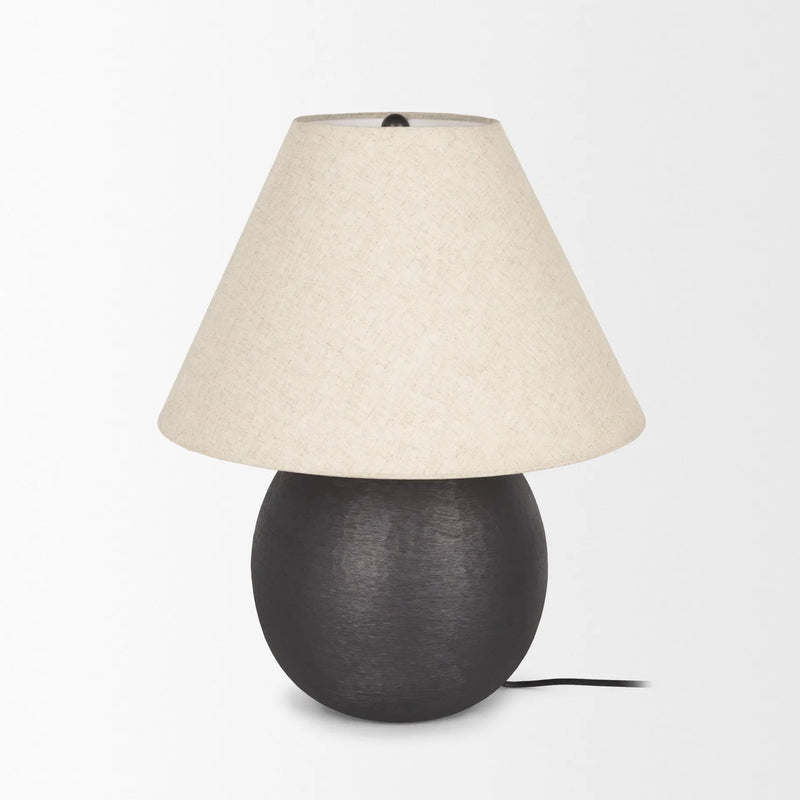 Black ceramic lamp with a beige fabric shade, featuring a sleek, modern design. Perfect for contemporary decor.