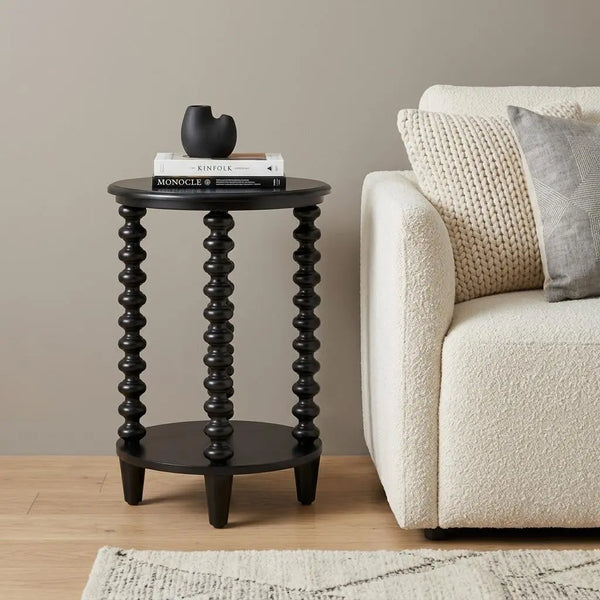 24" Black Solid Wood Circular End Table With Shelf Homeroots Living Room