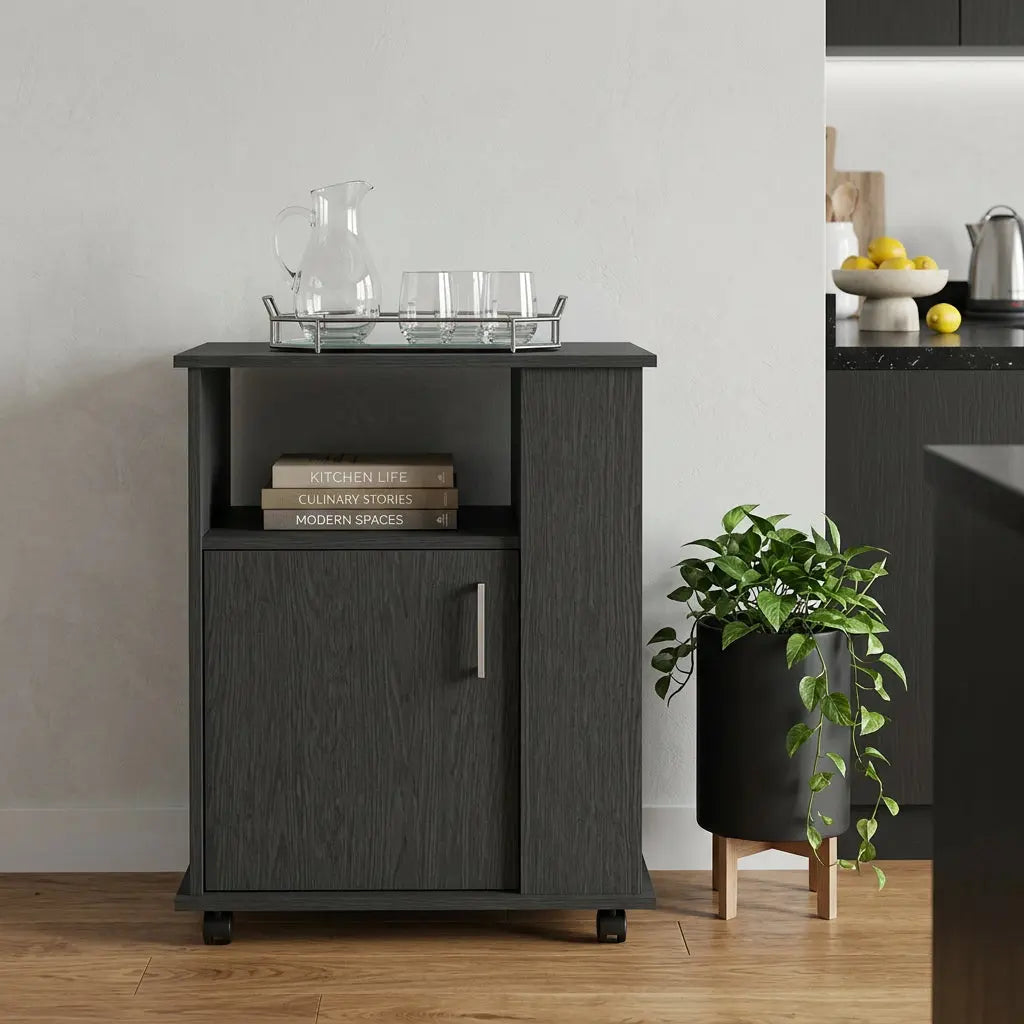 24" Black Wood Flat Door Rolling Kitchen Cart With Storage Homeroots Kitchen & Dining