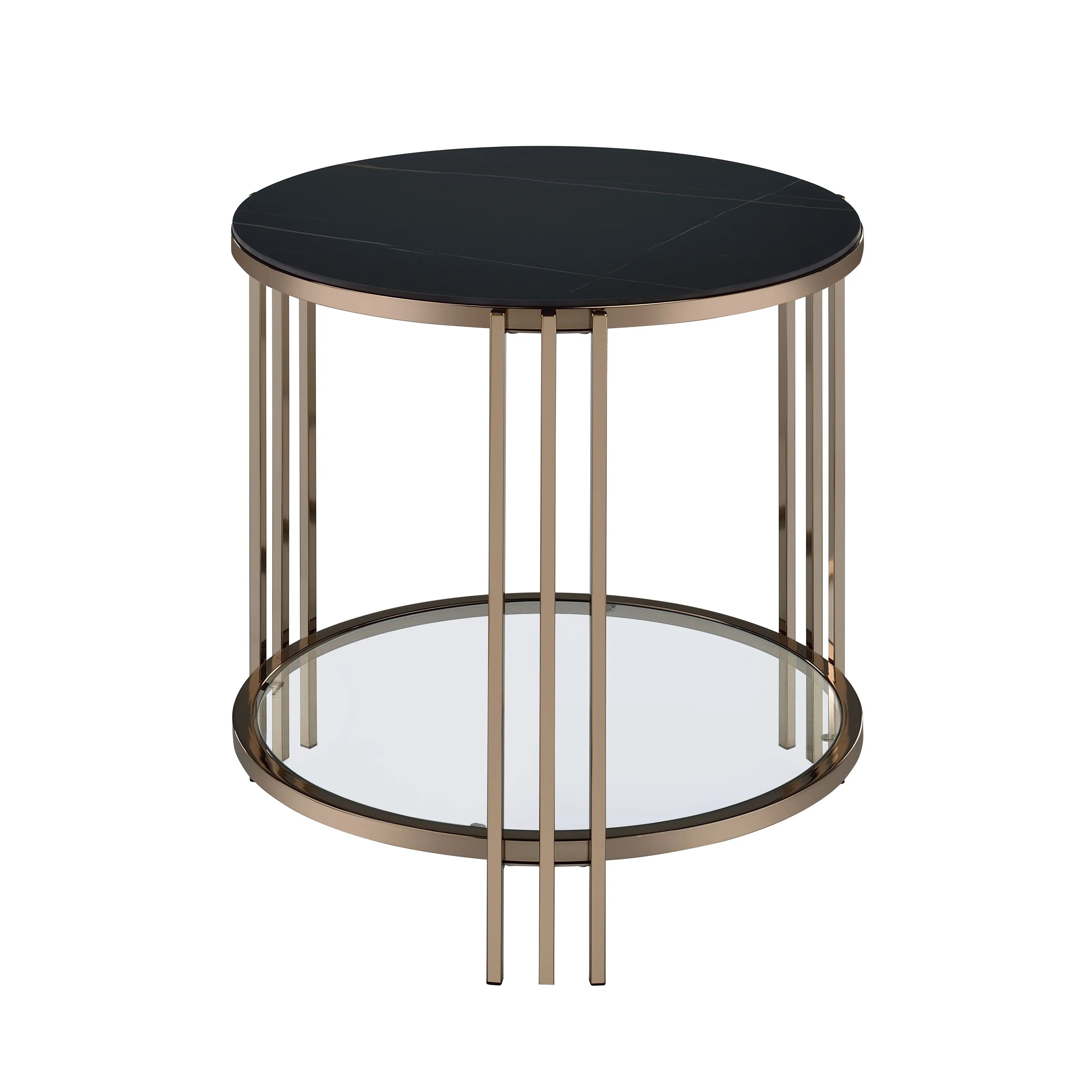 24" Black and Champagne Stone Glass and Iron Round End Table With Shelf Homeroots Living Room