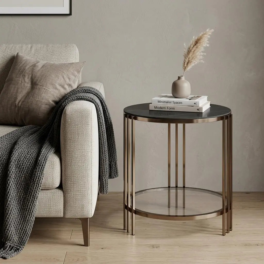 24" Black and Champagne Stone Glass and Iron Round End Table With Shelf Homeroots Living Room