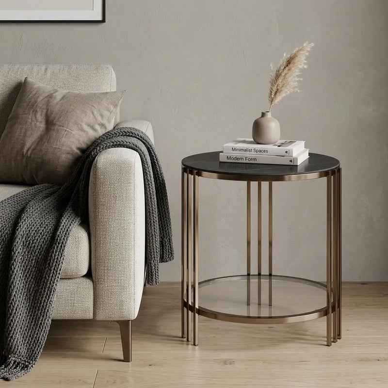 24" Black and Champagne Stone Glass and Iron Round End Table With Shelf Homeroots Living Room