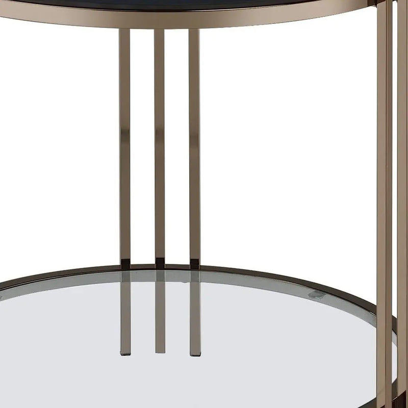 24" Black and Champagne Stone Glass and Iron Round End Table With Shelf Homeroots Living Room