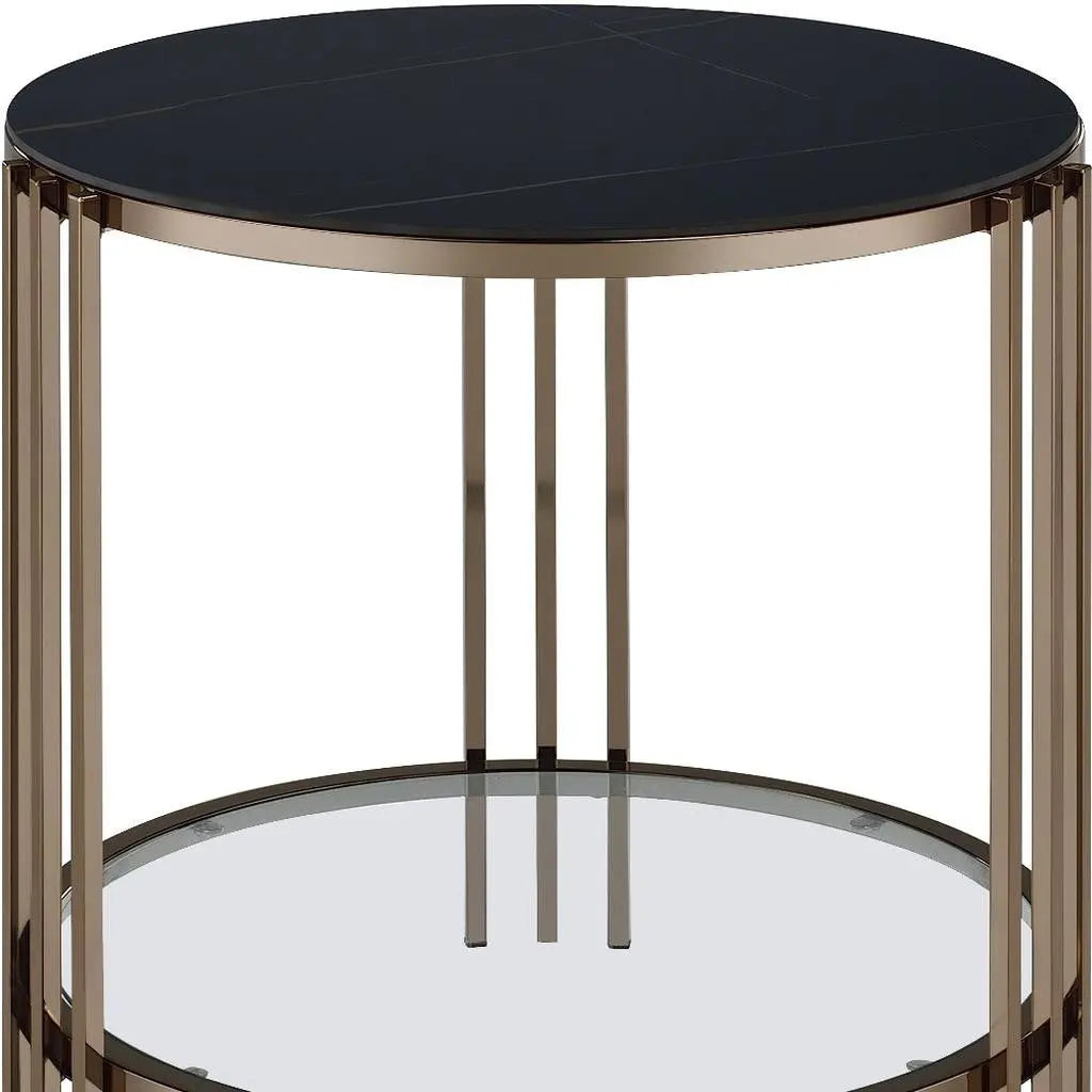 24" Black and Champagne Stone Glass and Iron Round End Table With Shelf Homeroots Living Room