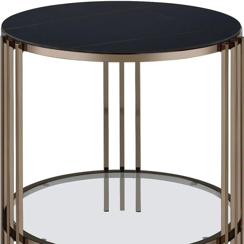 24" Black and Champagne Stone Glass and Iron Round End Table With Shelf Homeroots Living Room