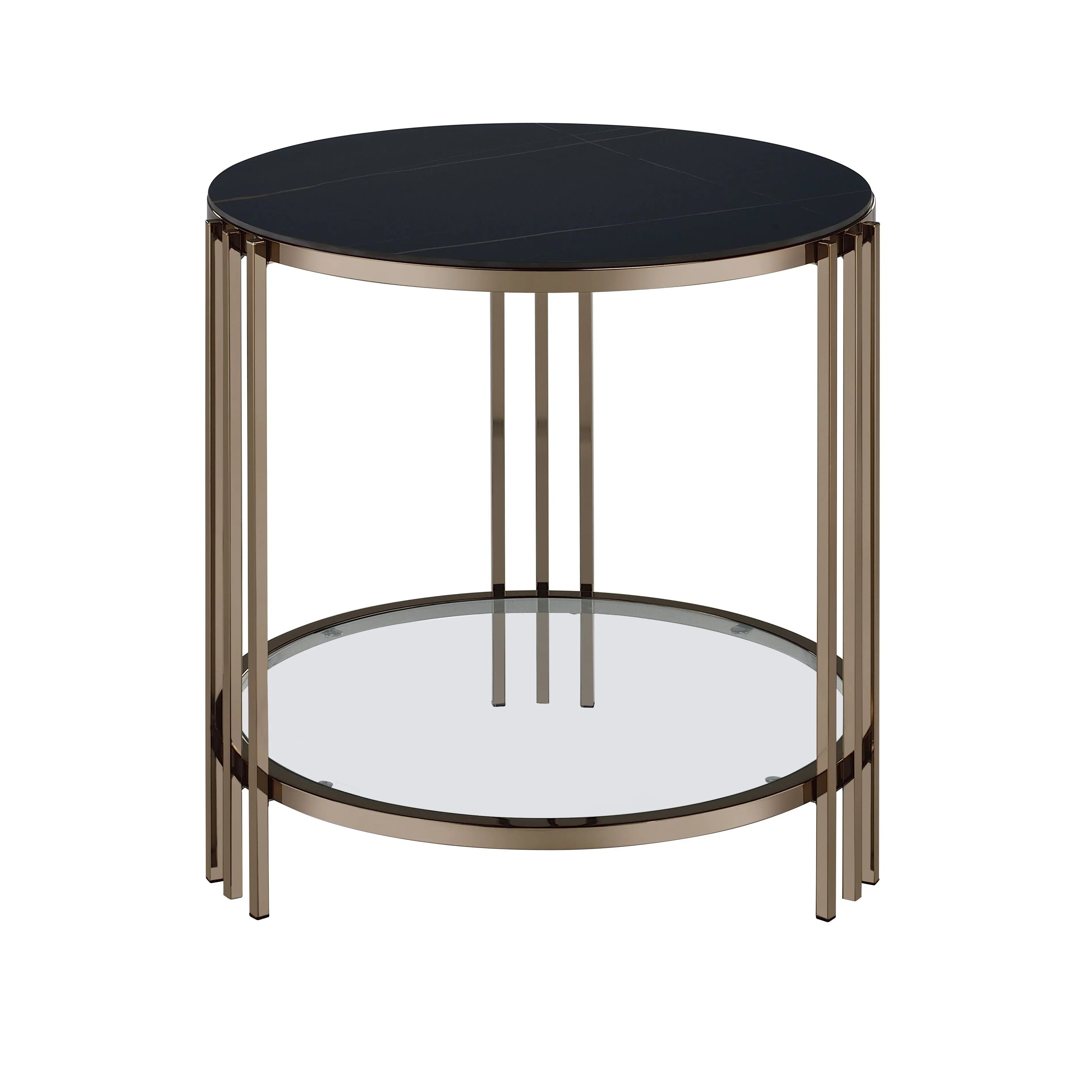 24" Black and Champagne Stone Glass and Iron Round End Table With Shelf Homeroots Living Room