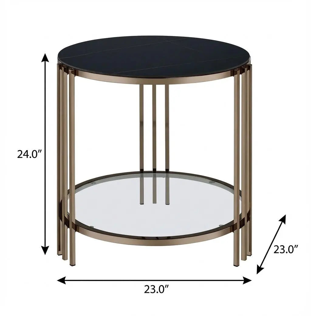 24" Black and Champagne Stone Glass and Iron Round End Table With Shelf Homeroots Living Room
