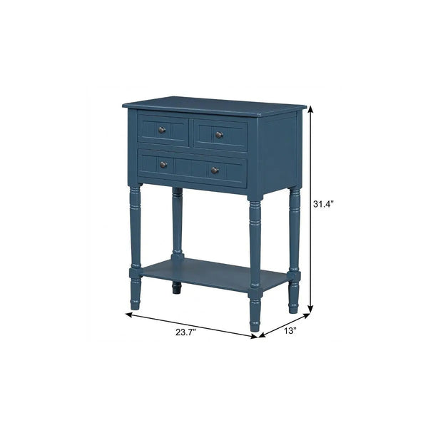 24" Blue Solid Wood Distressed Console Table With Shelf And Three Drawers Homeroots Living Room