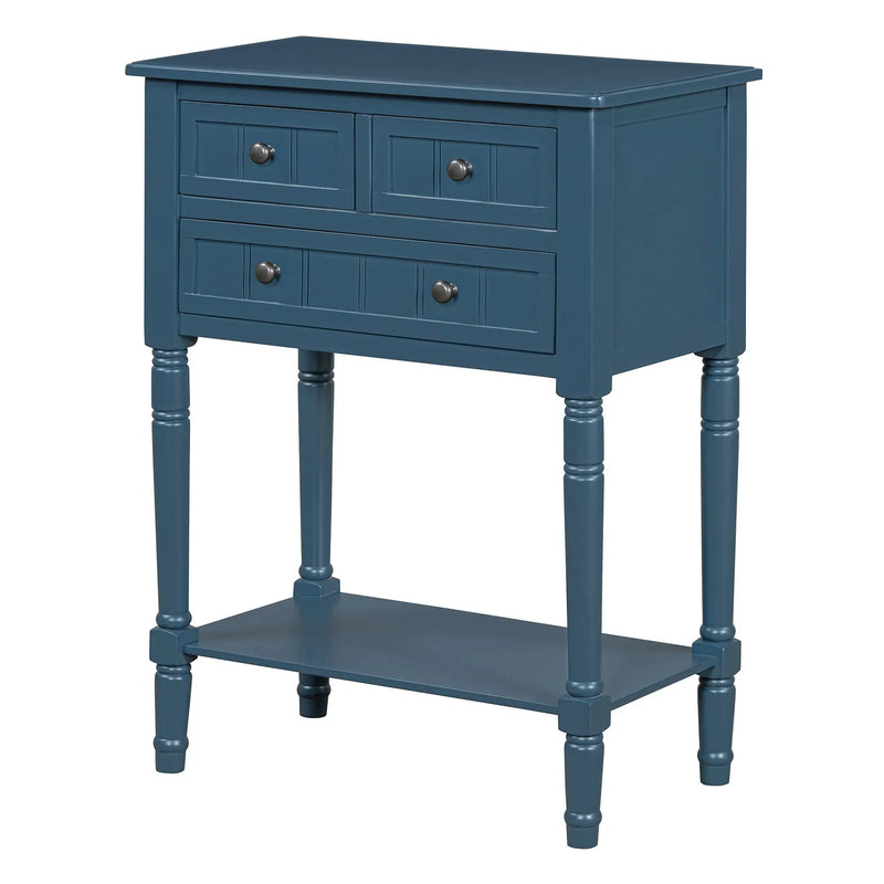 24" Blue Solid Wood Distressed Console Table With Shelf And Three Drawers Homeroots Living Room