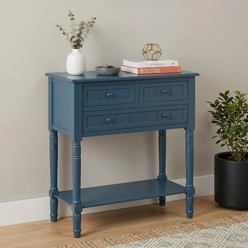 24" Blue Solid Wood Distressed Console Table With Shelf And Three Drawers Homeroots Living Room