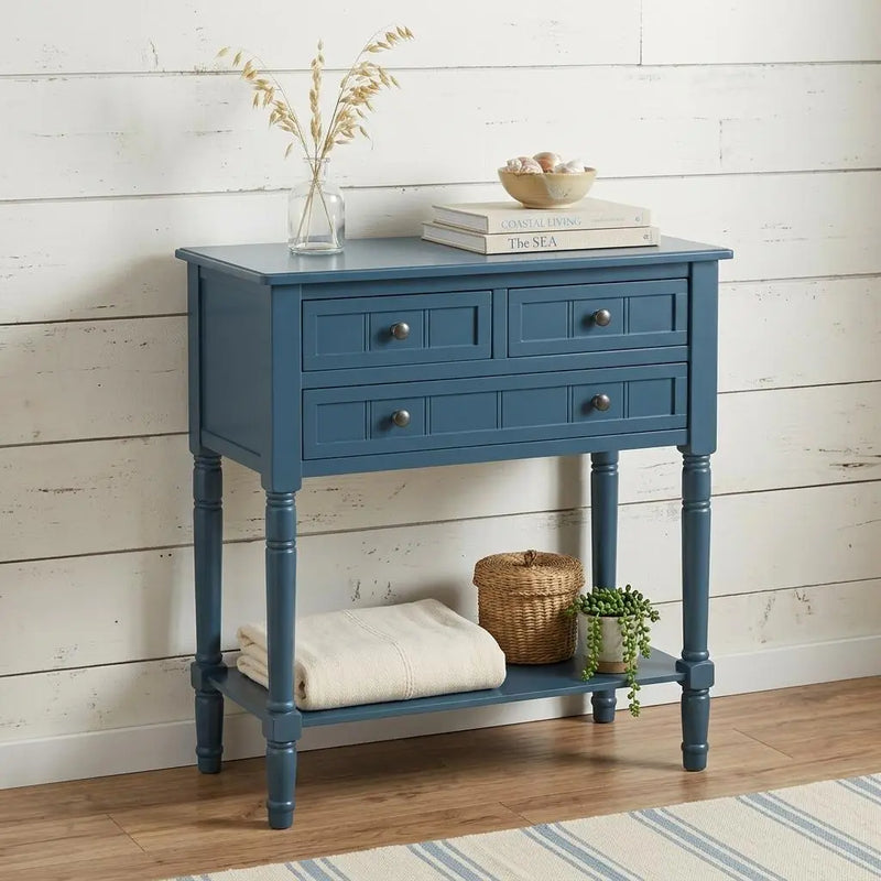 24" Blue Solid Wood Distressed Console Table With Shelf And Three Drawers Homeroots Living Room