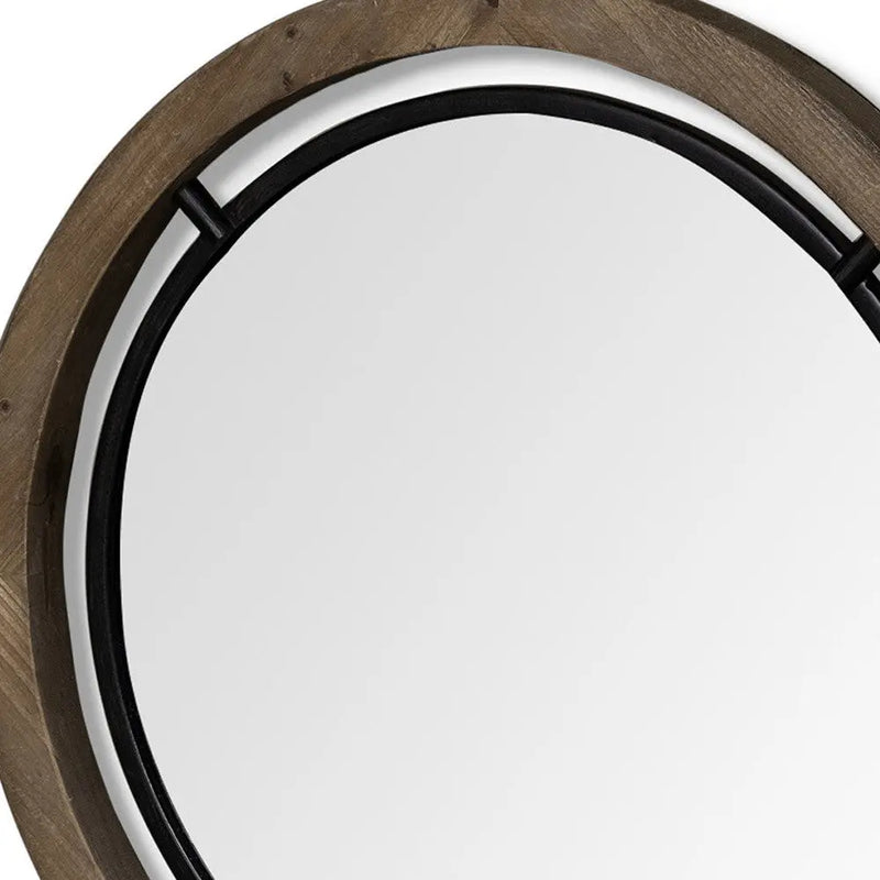 24" Brown And Black Round Metal And Wood Framed Accent Mirror Homeroots Bed & Bath