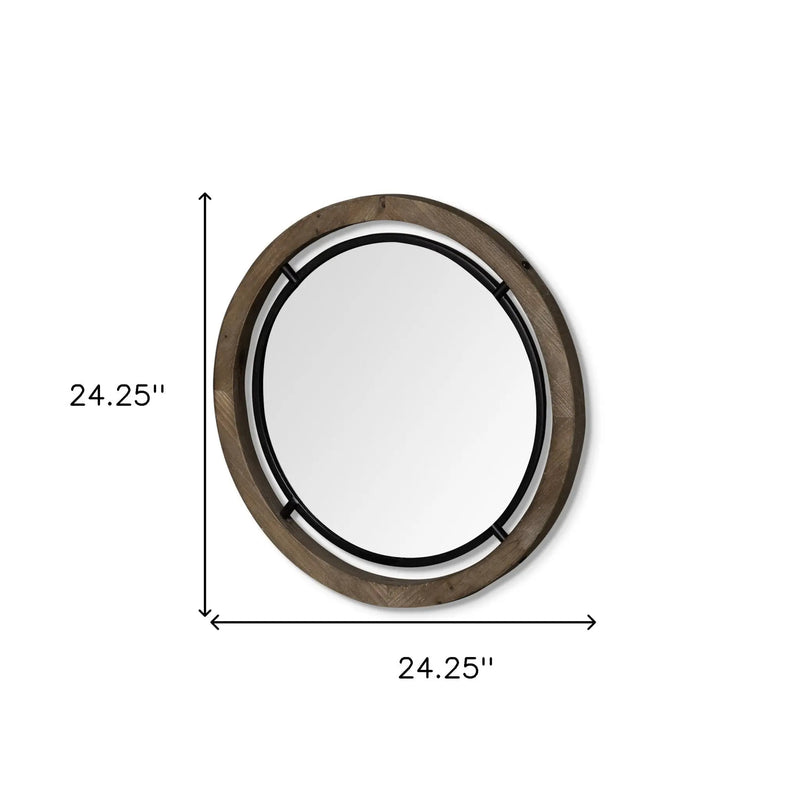 24" Brown And Black Round Metal And Wood Framed Accent Mirror Homeroots Bed & Bath