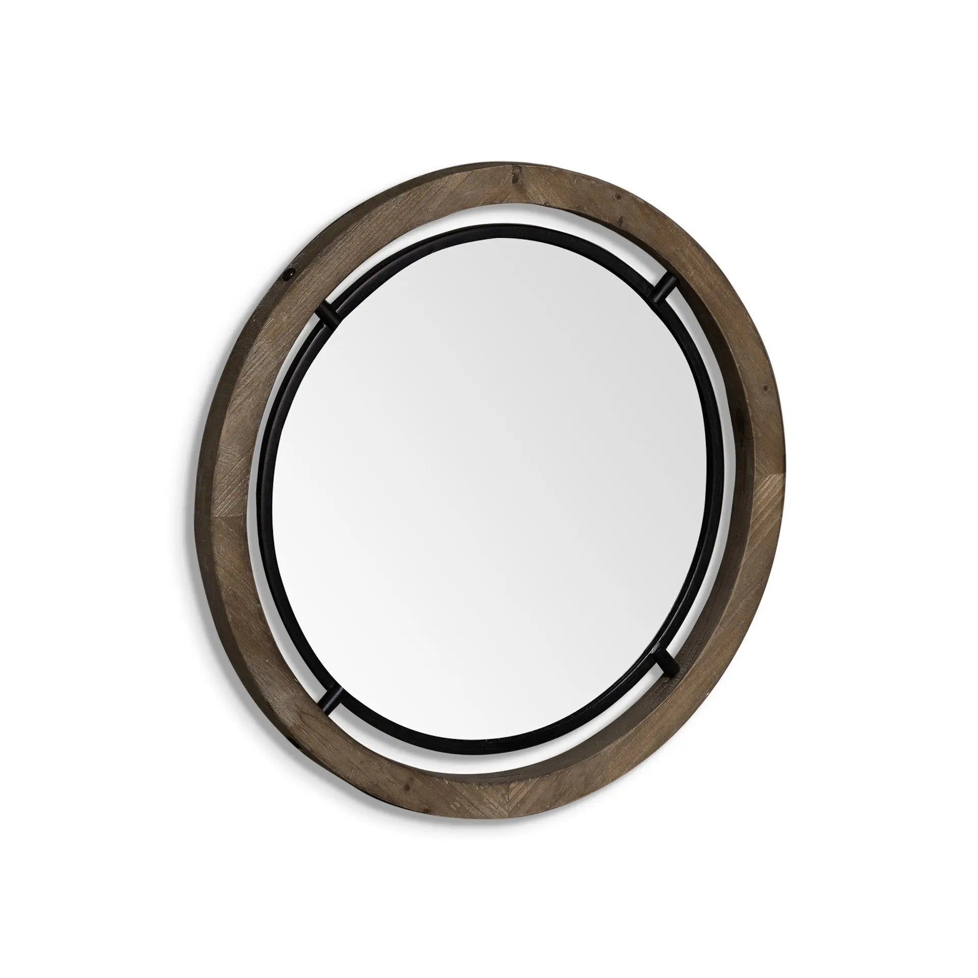 24" Brown And Black Round Metal And Wood Framed Accent Mirror Homeroots Bed & Bath