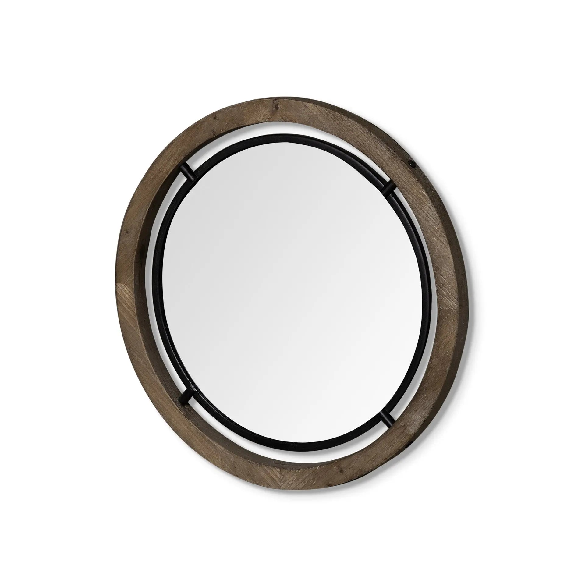 24" Brown And Black Round Metal And Wood Framed Accent Mirror Homeroots Bed & Bath