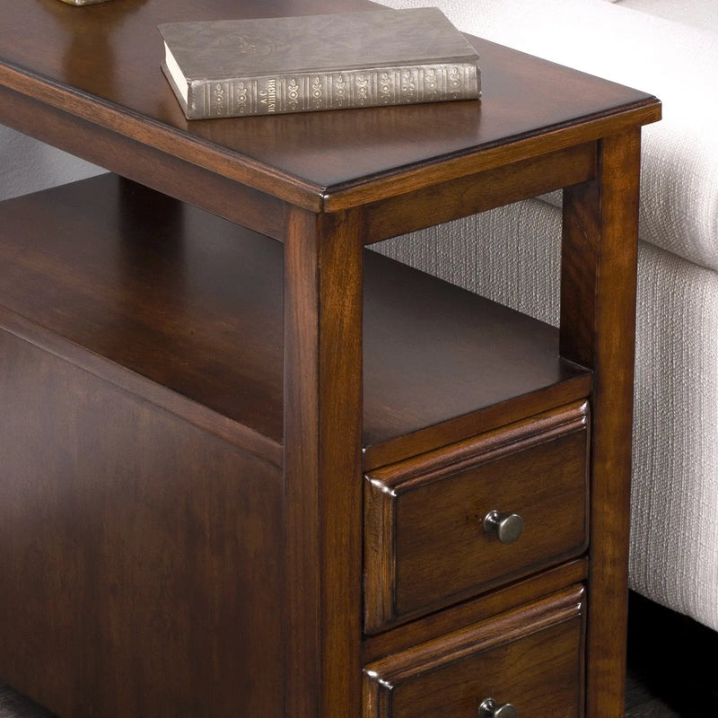 24" Brown Distressed End Table With Two Drawers And Shelf Homeroots Living Room