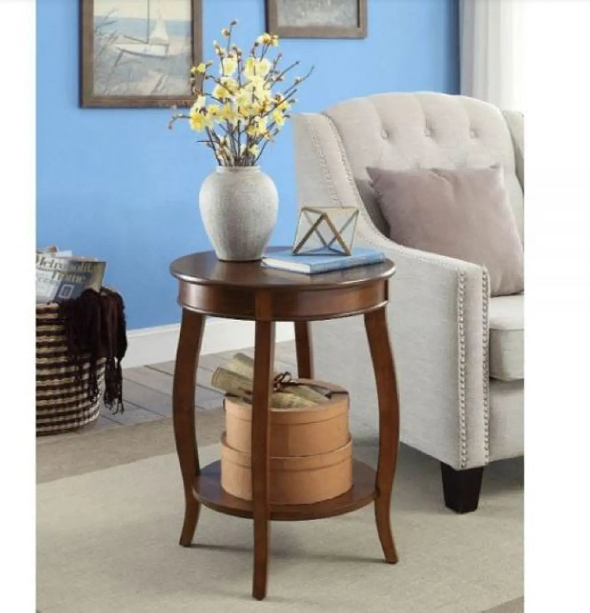 24" Brown Solid Wood Round End Table With Shelf Homeroots Living Room