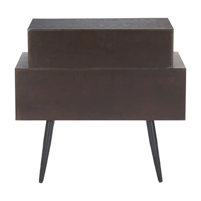 Brown metal side table with geometric design and black tapered legs, perfect for modern interiors.