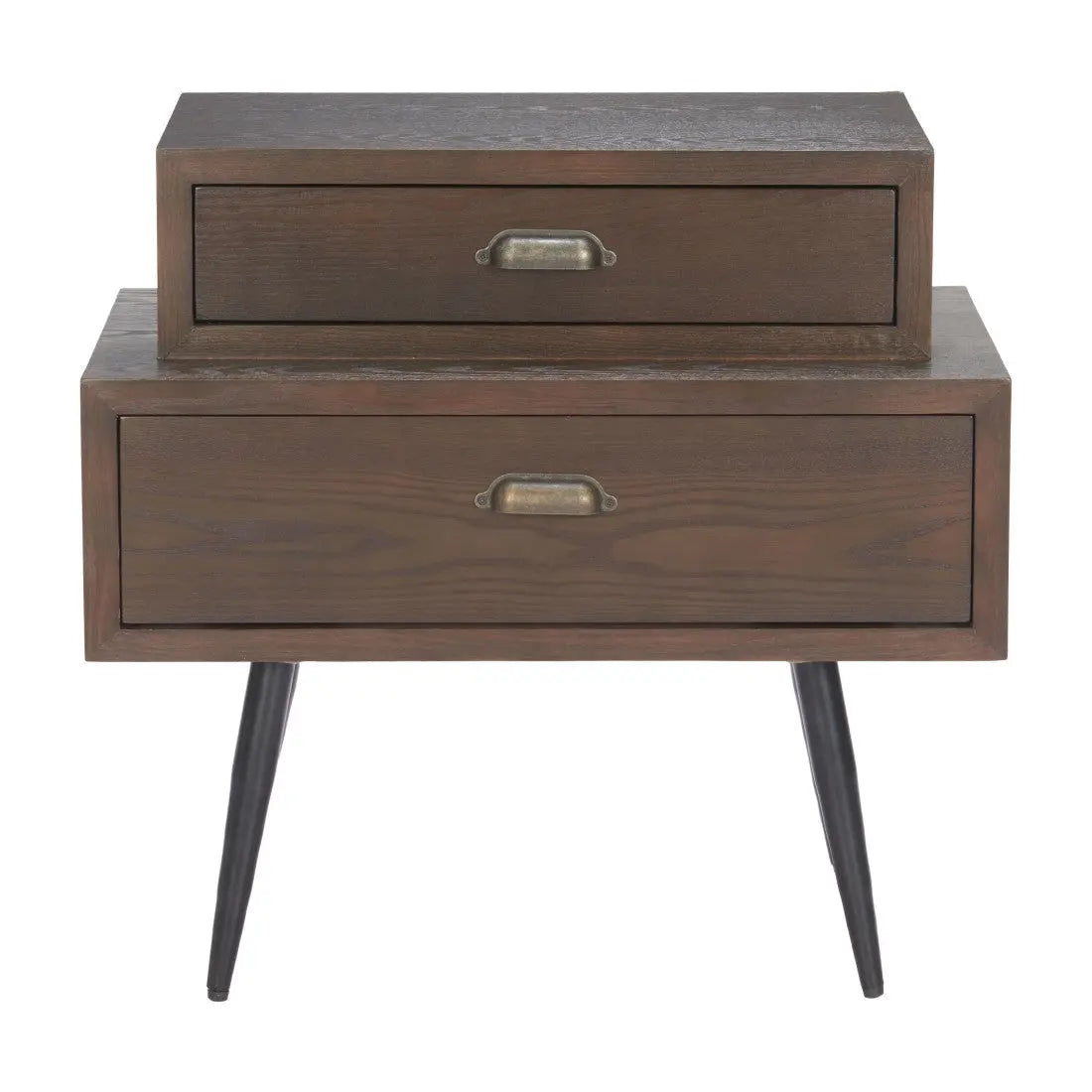 Brown wooden nightstand with metal handles and tapered black legs, featuring two drawers for storage.