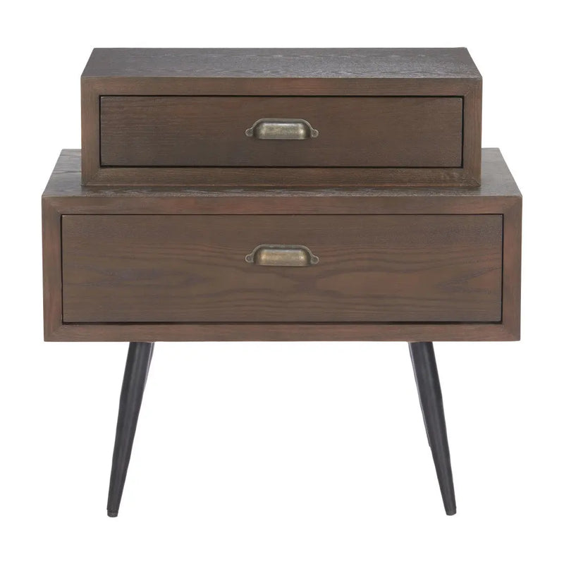Brown wooden nightstand with metal handles and tapered black legs, featuring two drawers for storage.