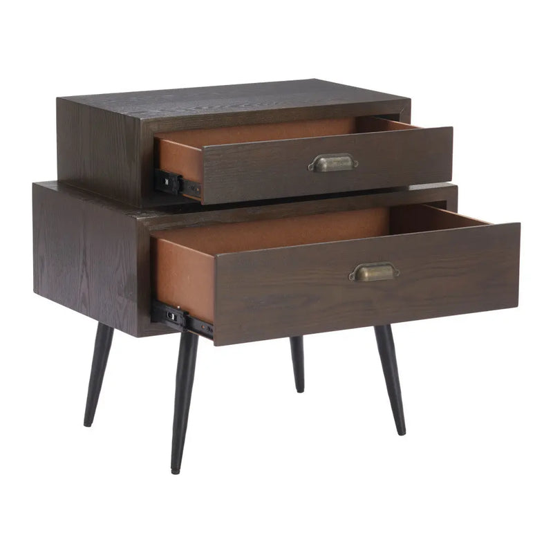 Mid-century modern dark wood nightstand with two drawers and black metal legs, featuring vintage-style brass handles.