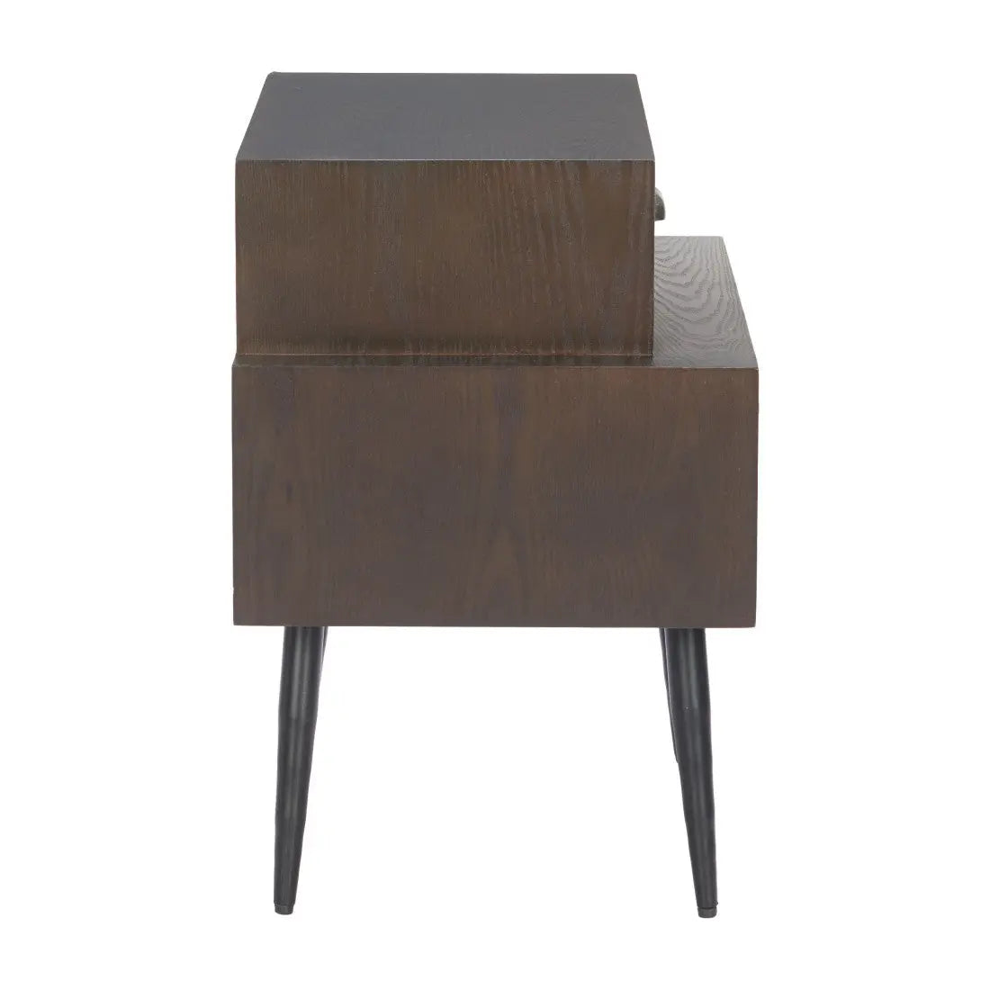 Modern dark wood nightstand with geometric design and black metal legs. Stylish storage for contemporary bedrooms.
