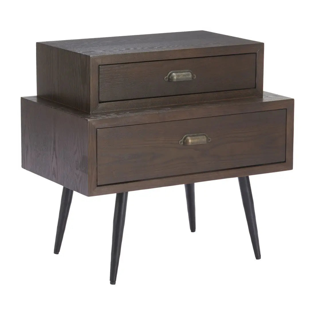 Brown wooden nightstand with two drawers and black metal legs, featuring vintage-style brass handles.
