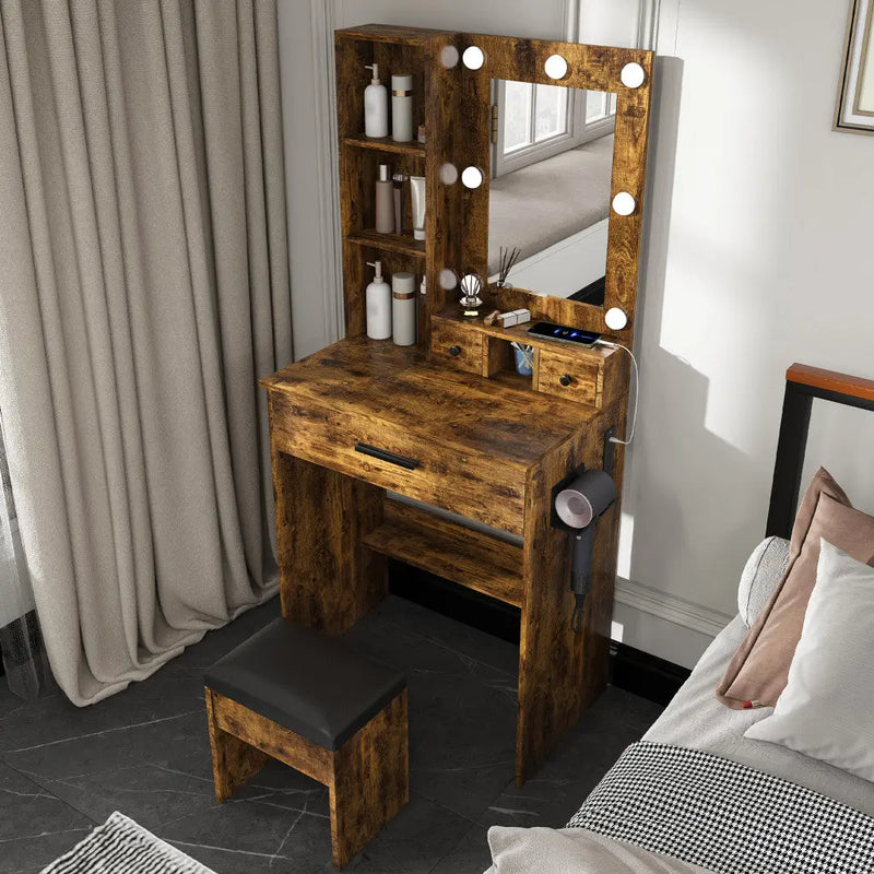 24" Brown Wood Mirrored Three Drawer Vanity Table And Lights Homeroots Living Room