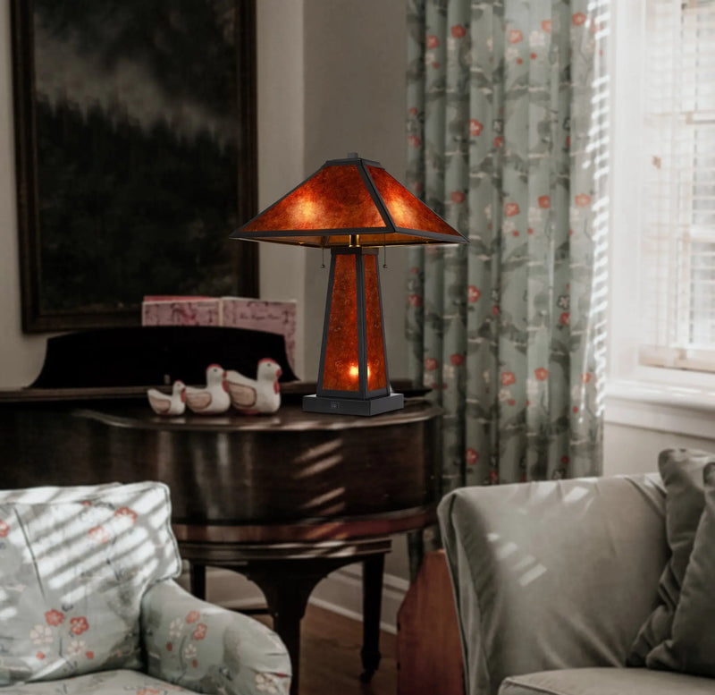 24" Burnt Orange Metal Two Light Table Lamp With Amber Square Shade Homeroots Lighting