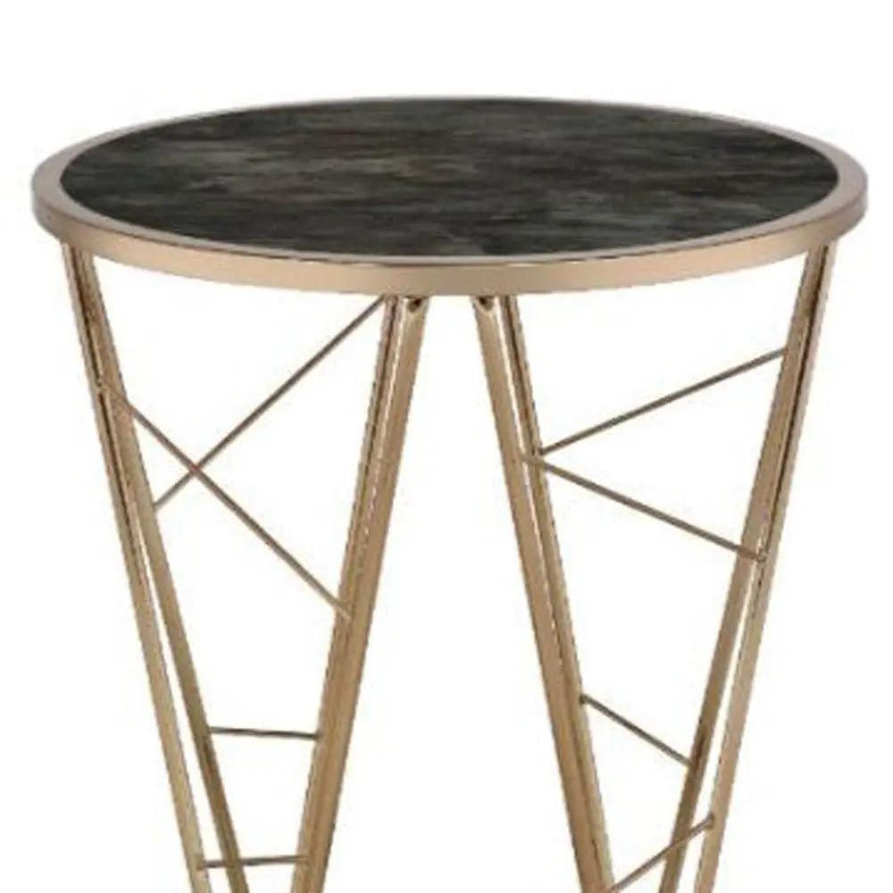 24" Champagne And Black Faux Marble Glass And Metal Round End Table Homeroots Living Room