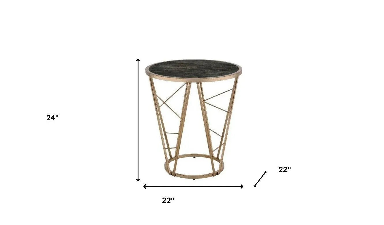 24" Champagne And Black Faux Marble Glass And Metal Round End Table Homeroots Living Room